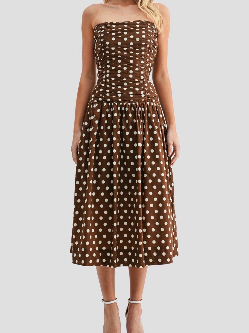 All in Favor Brown & White Polka Dot Strapless Midi Dress Medium M
